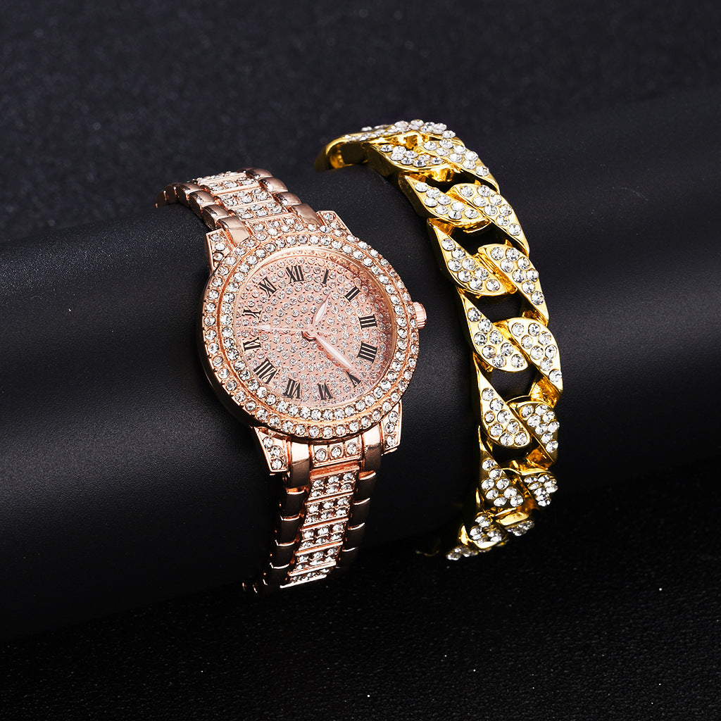 Full Diamond Roman Literal Steel Watch Bracelet Set