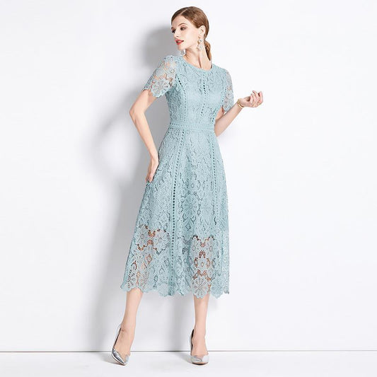 Round Neck Ruffle Sleeve Lace Slimming Temperament Elegant Dress