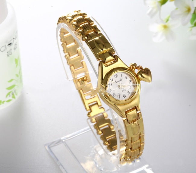Gold Women's Bracelet Watch Honey Heart Rhinestone Casual Stainless Steel