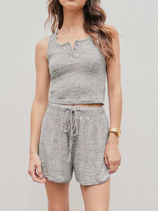 Quarter Button Sleeveless Top and Drawstring Shorts Lounge Set