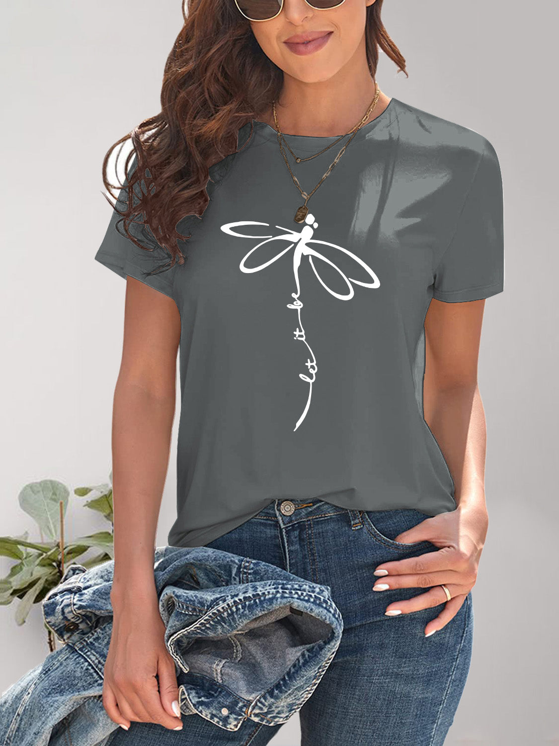 Dragonfly Graphic Round Neck Short Sleeve T-Shirt