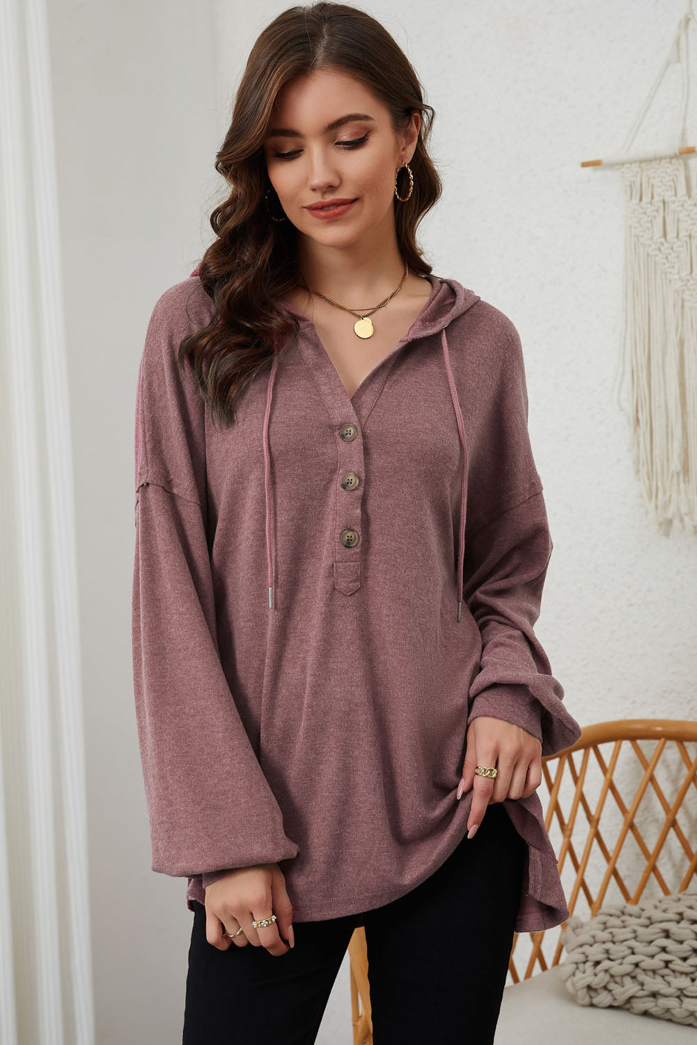 Full Size Buttoned Drop Shoulder High-Low Hoodie